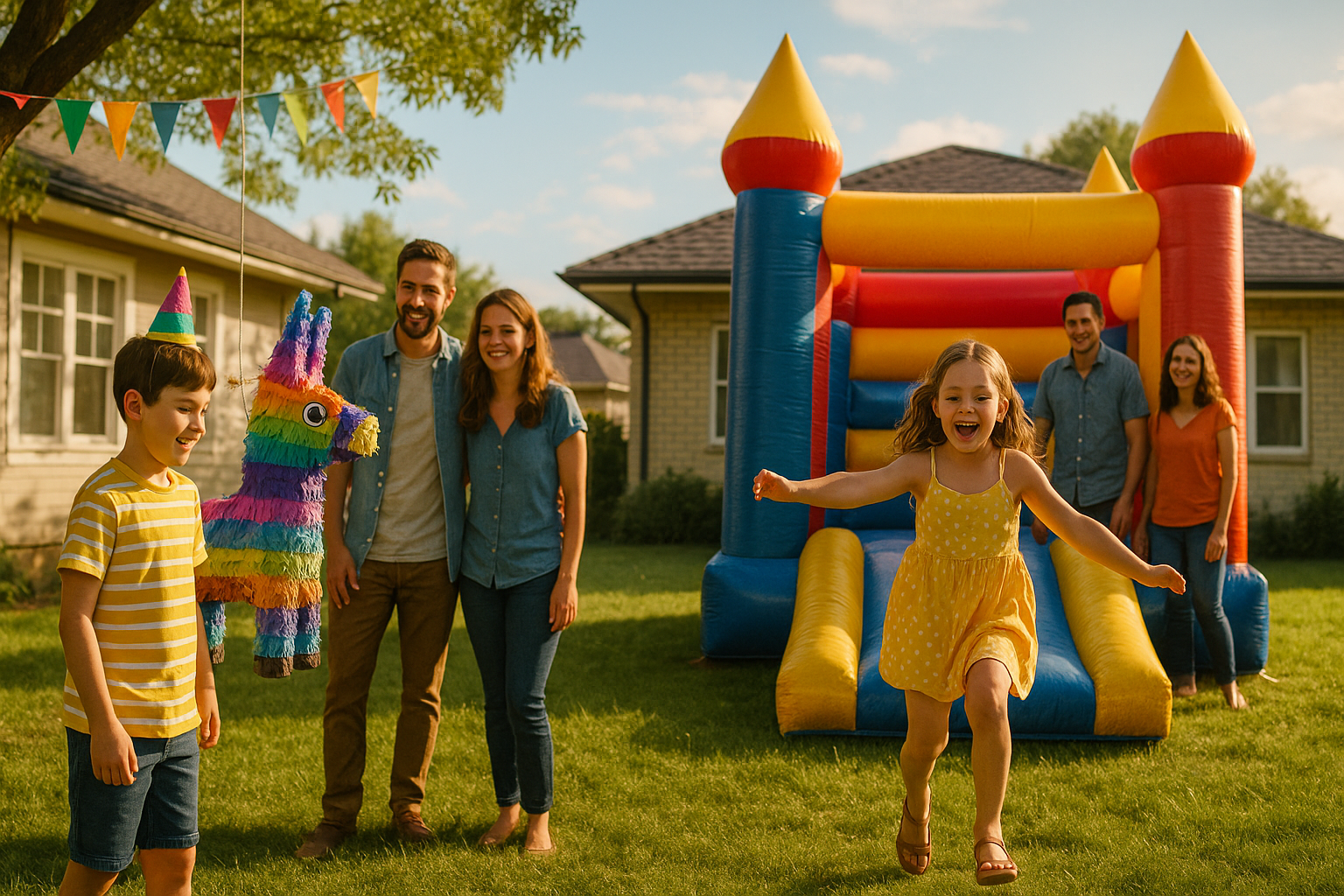 Two co-parented birthday parties in one backyard—one with a piñata, the other with a bounce house—capturing the complexity of shared parenting after separation.