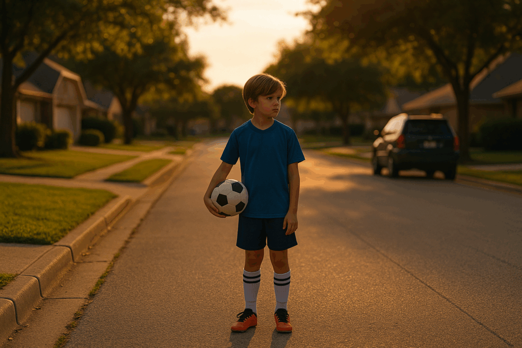 A young boy in soccer gear stands alone on a suburban street at sunset, holding a ball and waiting with concern—capturing the emotional impact of co-parenting confusion.
