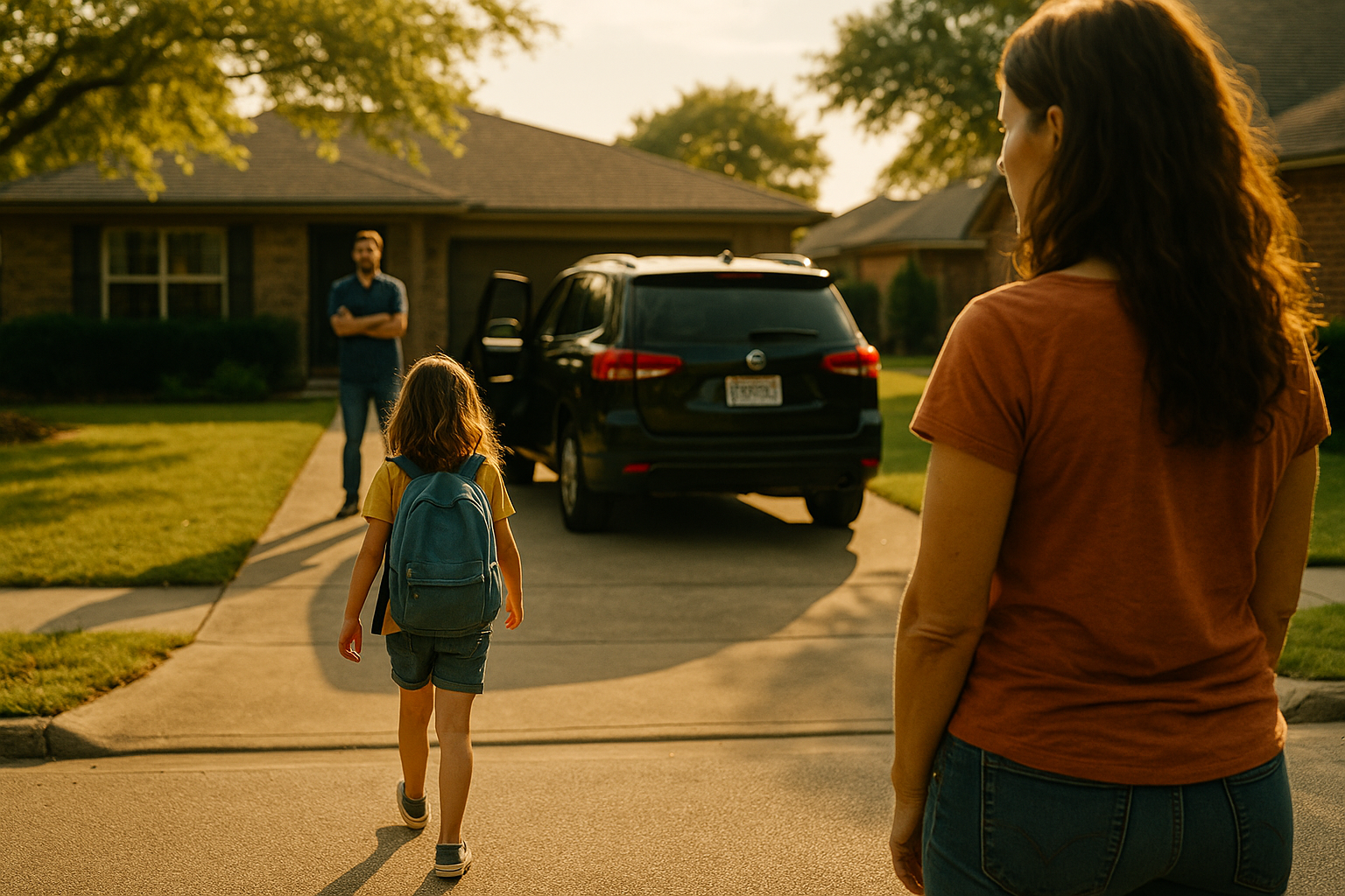 Young girl walks toward father’s SUV during custody exchange on a sunny suburban driveway, capturing the emotional reality of co-parenting.