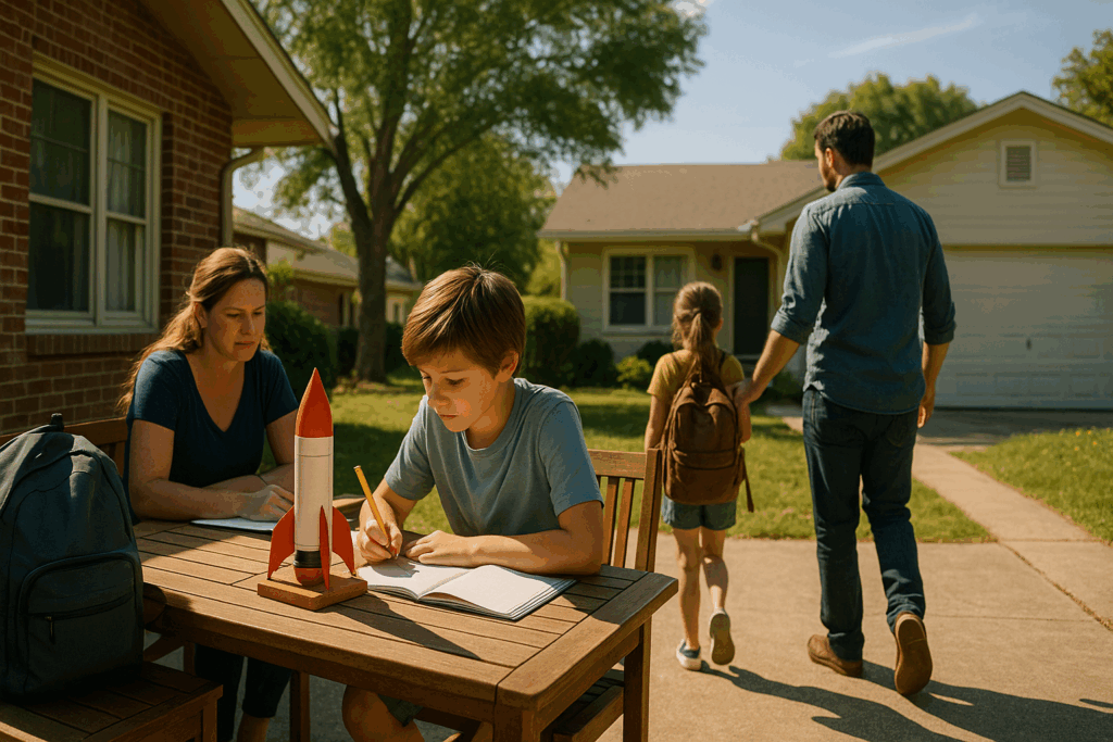 Boy working on a science project outside with his mom while dad and daughter walk to another house — illustrating co-parenting dynamics.