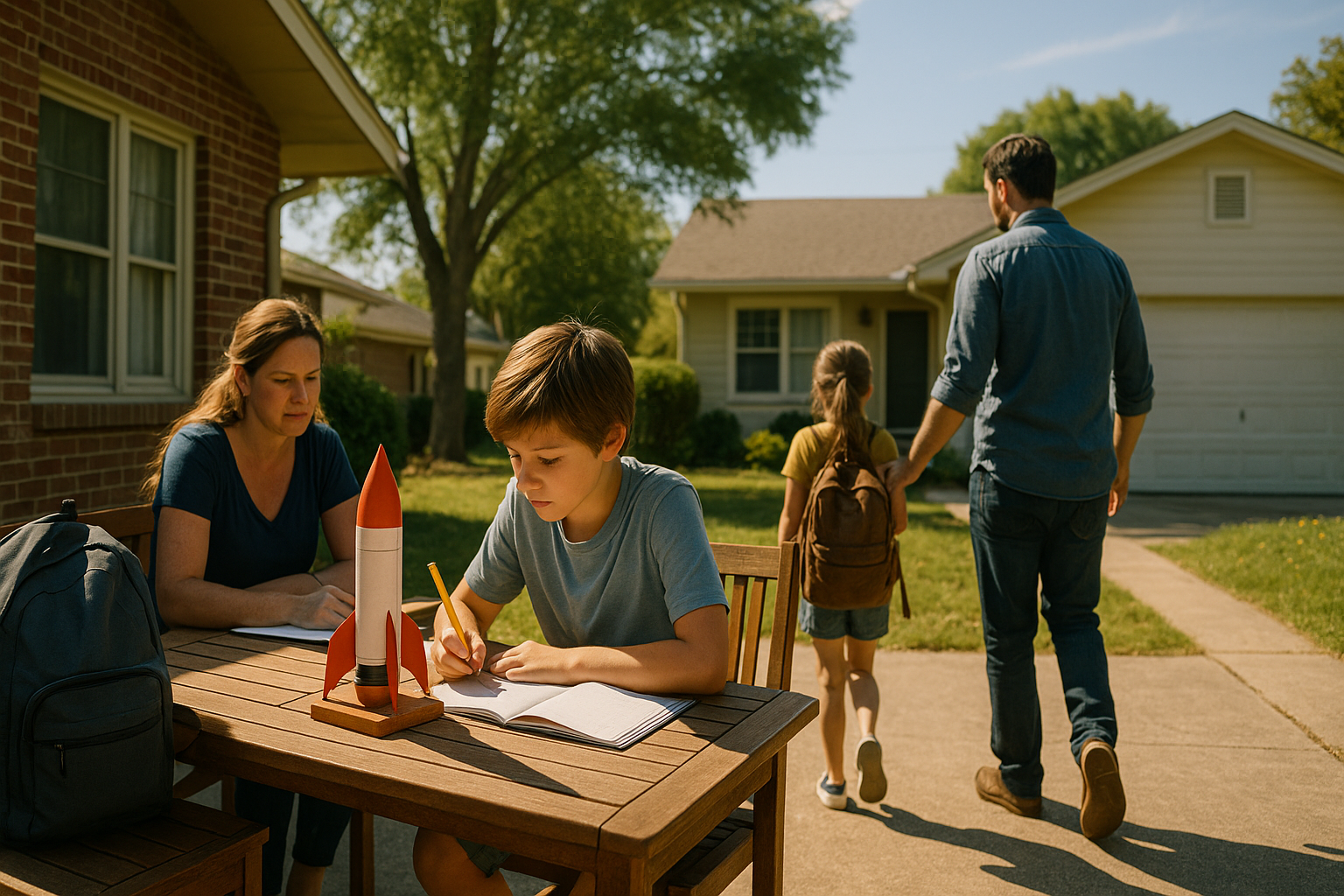 Boy working on a science project outside with his mom while dad and daughter walk to another house — illustrating co-parenting dynamics.