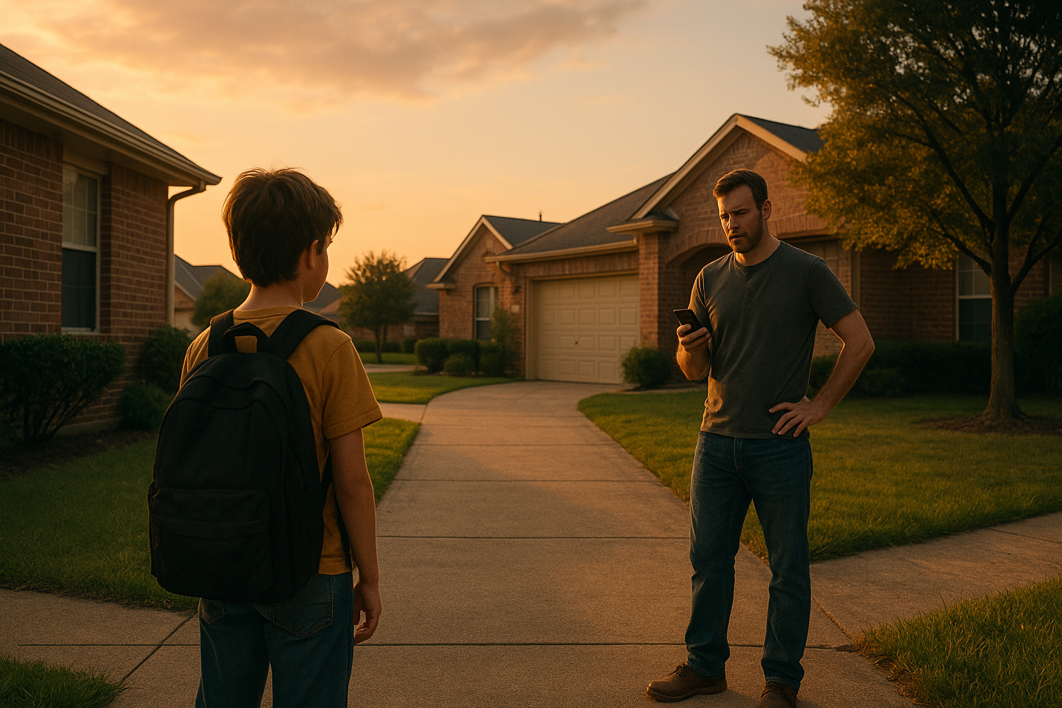 Father and son standing on a quiet suburban street at sunset, symbolizing co-parenting uncertainty and family transitions after divorce.