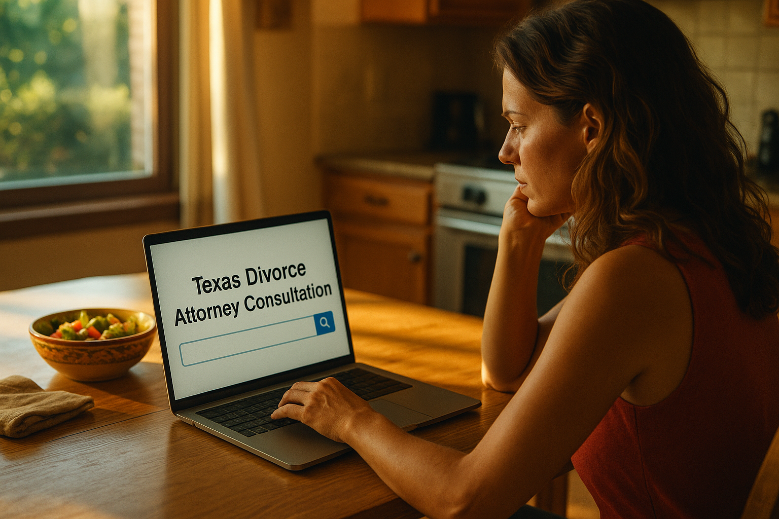 Woman researching Texas Divorce Attorney Consultation on her laptop at home, seated in a kitchen during a calm summer afternoon.