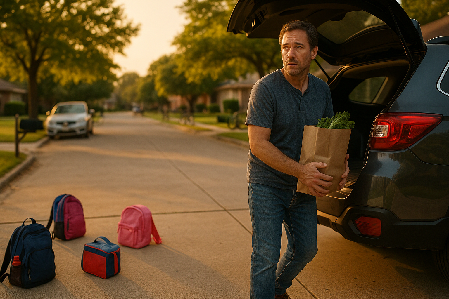 Man unloading groceries from SUV during sunset in suburban Texas neighborhood, symbolizing life transitions and emotional overwhelm.