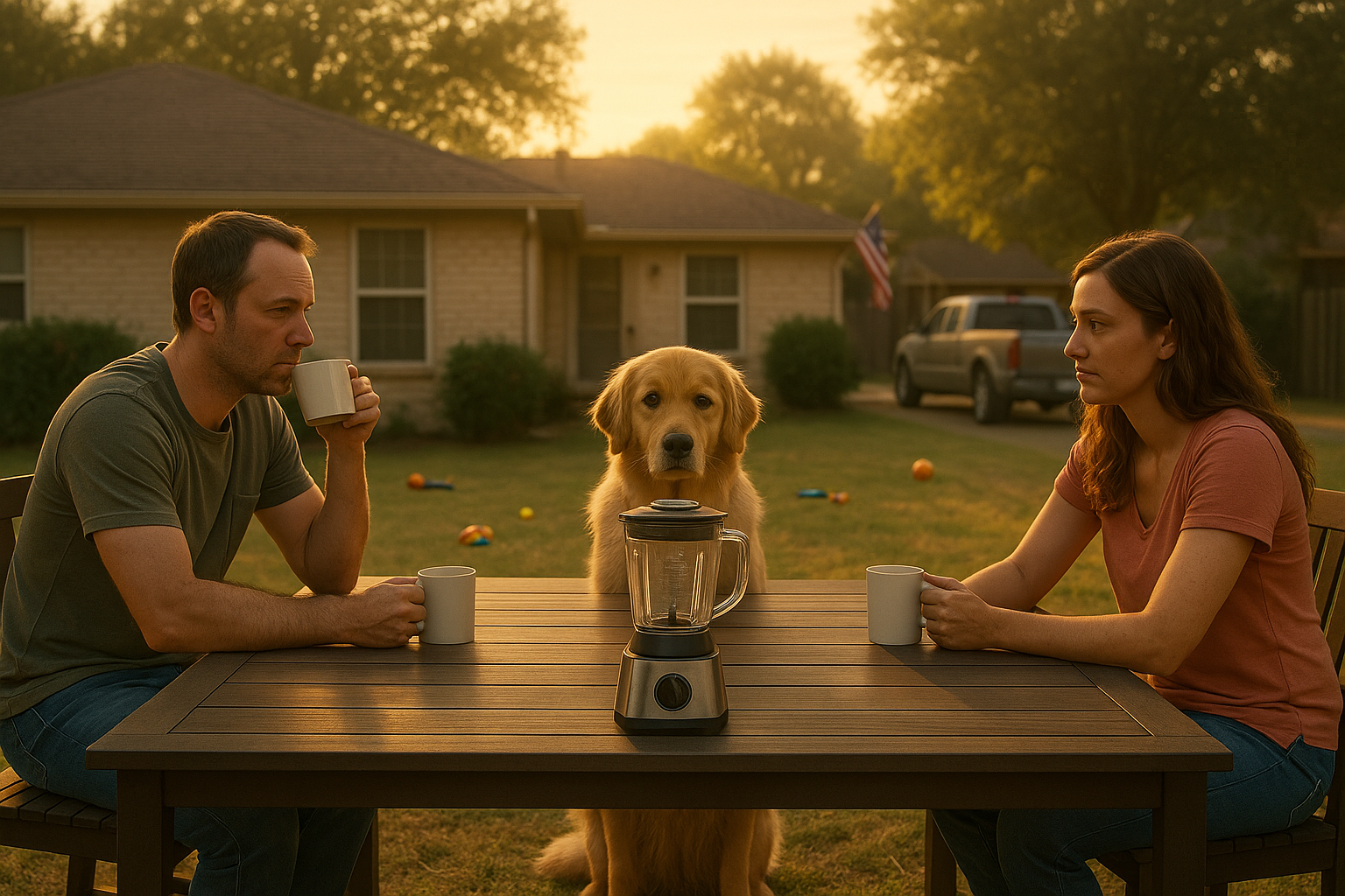 A couple sits at a wooden backyard table with coffee mugs and a blender between them while their golden retriever looks on; the morning sun casts a warm glow over a suburban summer scene, evoking peaceful yet complex family dynamics.