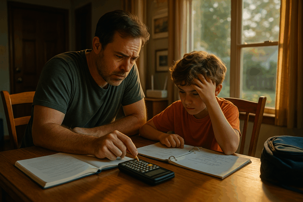 Father and son doing math homework at home during summer evening, reflecting the emotional challenges of co-parenting after divorce
