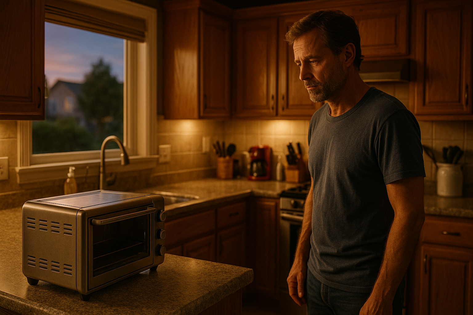 A man stands alone in a warm kitchen at dusk, staring at a toaster oven—capturing the emotional weight of everyday decisions during divorce.