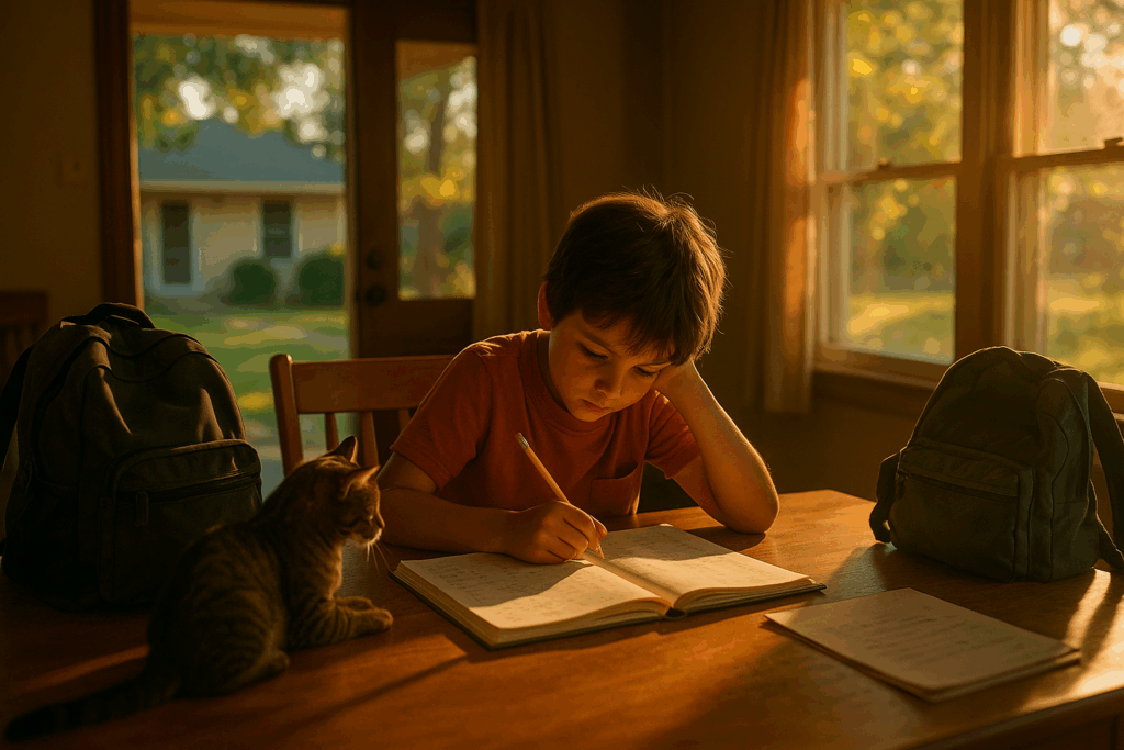 A young boy doing homework at a sunlit table with a curious cat beside him, symbolizing the challenges children face during shared custody transitions.
