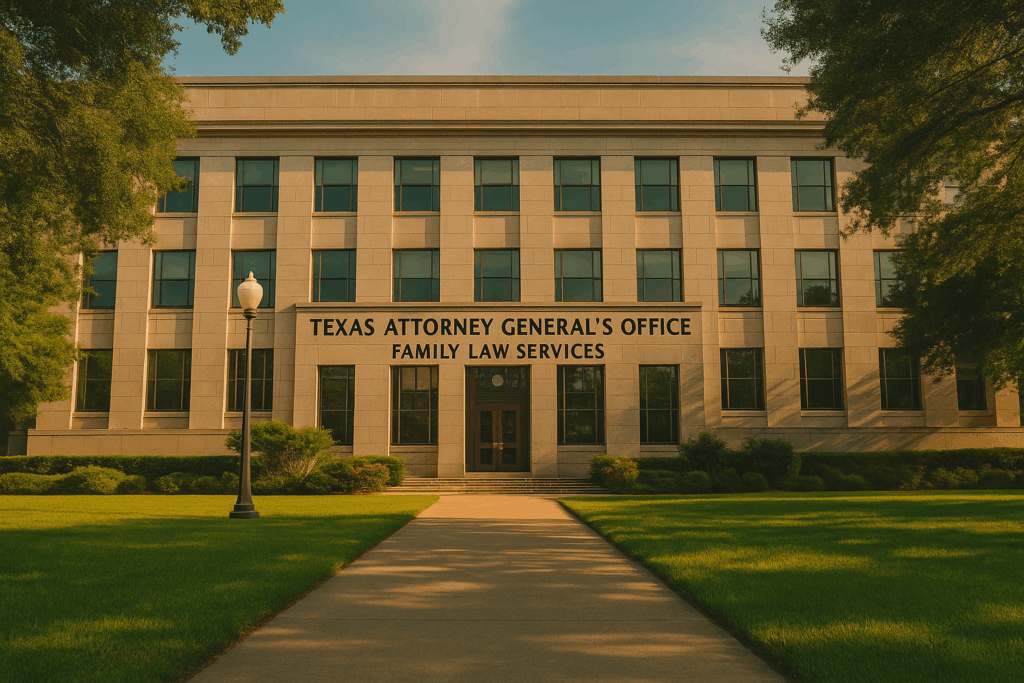 The Texas Attorney General’s Office building with a focus on family law services.