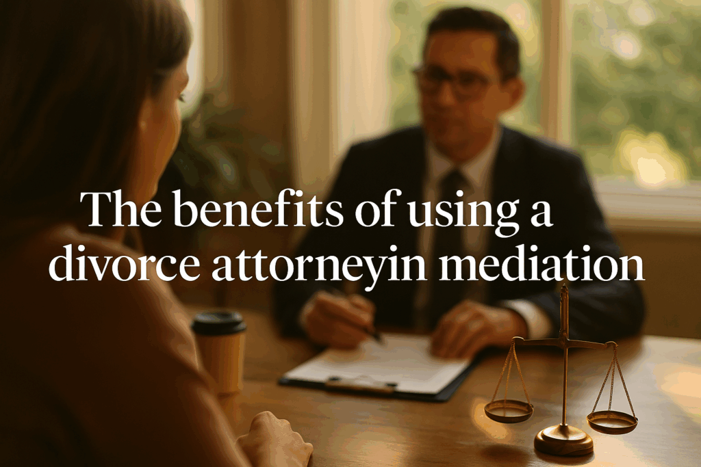 The benefits of using a divorce attorney in mediation, illustrated with a blurred image of a legal consultation.