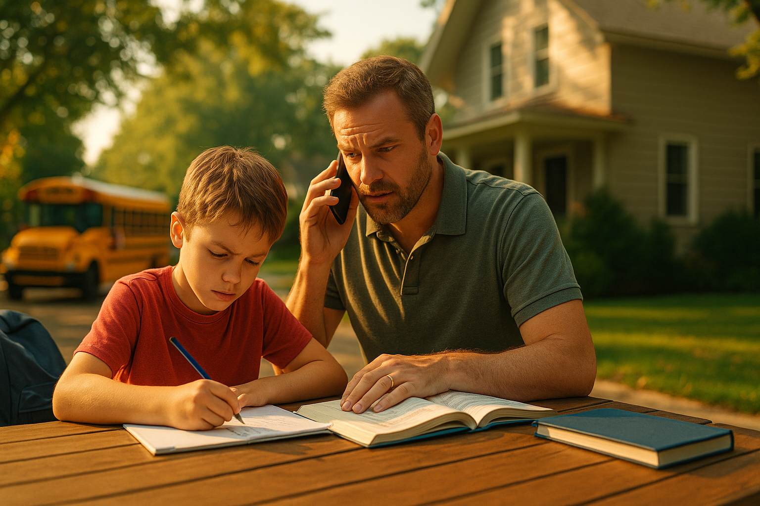 Father helping son with math homework while on phone during summer divorce mediation