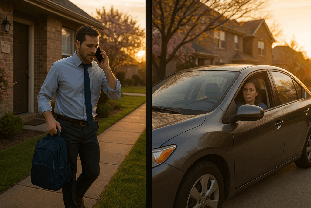 A cinematic photo of co-parents exchanging custody in a suburban Texas neighborhood at sunset, capturing the emotional complexity and real-life dynamics of custody modifications.