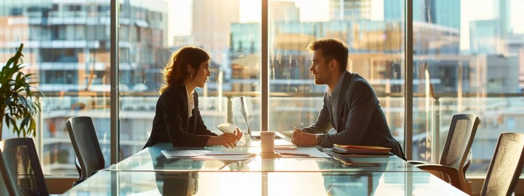 a focused office setting captures two individuals engaged in a serious yet collaborative discussion around a sleek conference table, symbolizing the divorce mediation process in texas with a backdrop of legal documents and a neutral, professional ambiance.