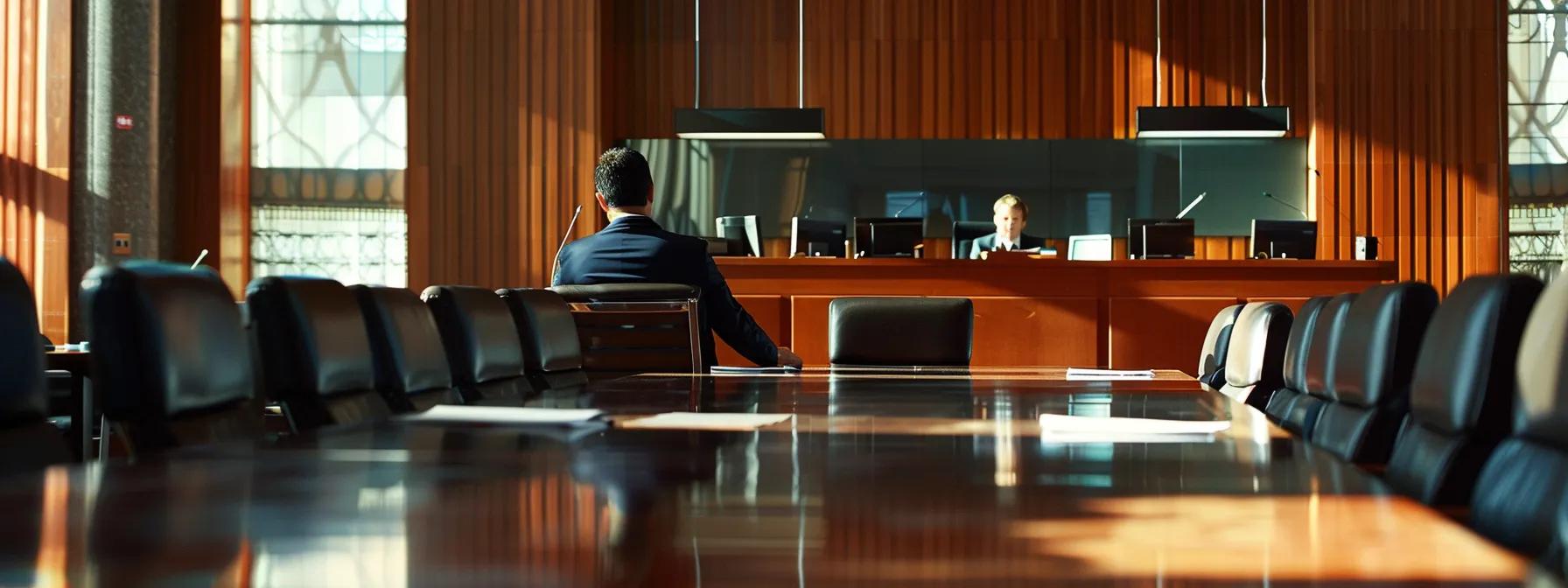 a dramatic courtroom scene captures a tense moment during a divorce settlement negotiation, with a judge presiding over a sleek, modern legal setting, where property division documents are prominently displayed on a polished conference table.