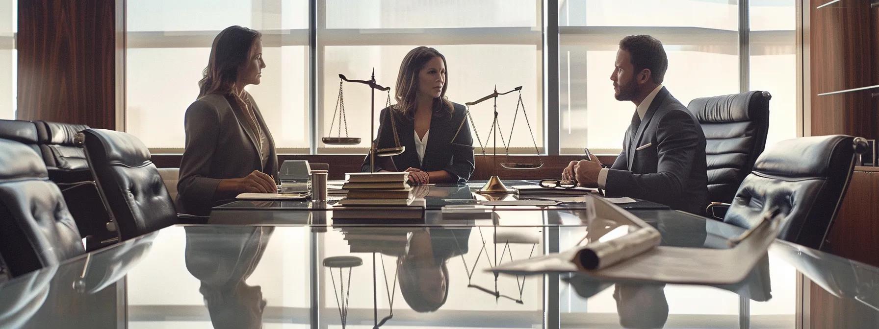 a dramatic scene of a well-dressed couple in a modern conference room, seated across from each other at a polished glass table, surrounded by legal documents and a balanced scale symbolizing the equitable division of assets in a texas divorce.