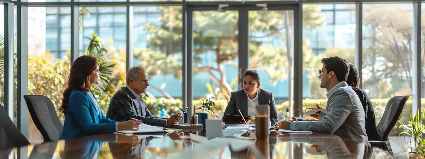 a focused office scene features a diverse group of professionals engaged in a serious discussion around a sleek conference table, with legal documents and digital tablets illustrating the complexities of equitable distribution in texas divorce law.