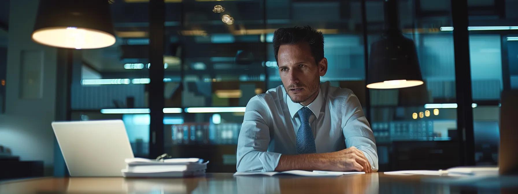a focused office setting captures a lawyer attending to a thoughtful consultation with a partner in a modern conference room, highlighting the serious discussion of spousal support in a texas divorce case, with legal documents and a laptop illuminated by soft overhead lighting.