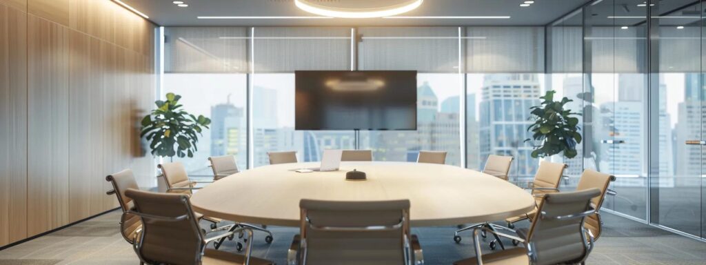 a modern mediation room in a sleek office setting features a large round table surrounded by neutral-colored chairs, emphasizing a calm and professional atmosphere ideal for discussing the benefits of divorce mediation in texas.