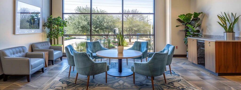a modern, well-lit office space featuring a calming mediation setting with a round table surrounded by comfortable chairs, symbolizing an inviting environment for affordable divorce mediation in texas.