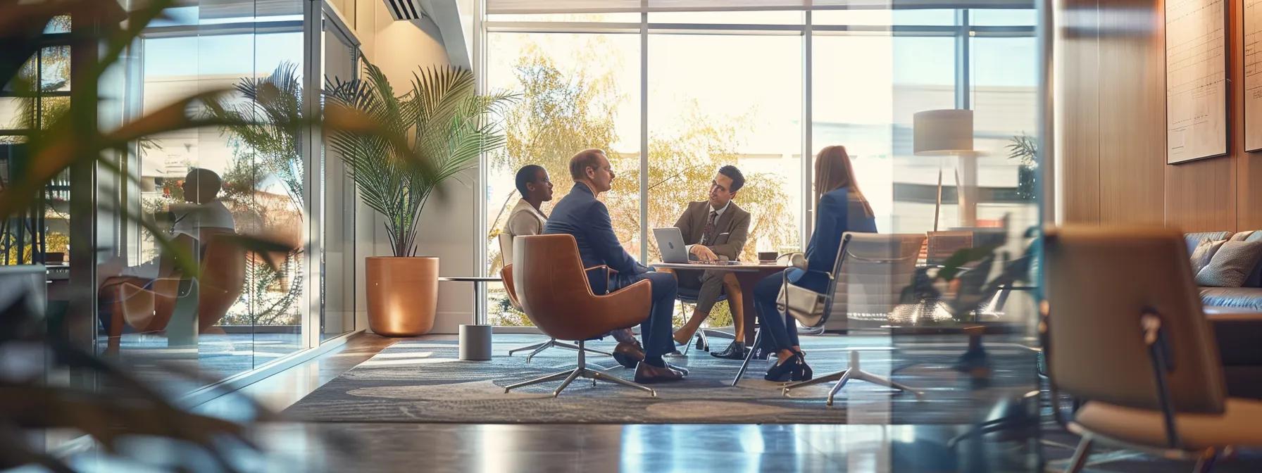 a professional mediator guides a focused couple through a texas divorce mediation session in a modern, warmly lit conference room, showcasing trust and open communication amidst a backdrop of sophisticated decor.