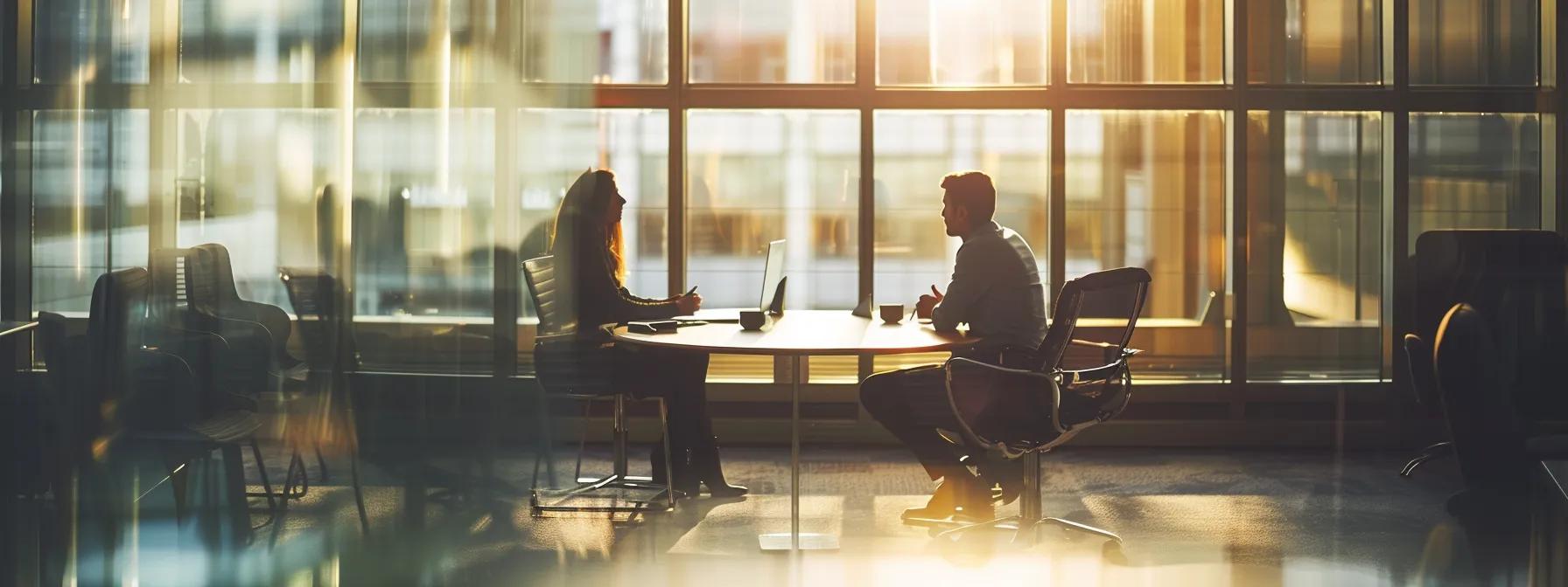 a serene yet intense mediation room, featuring a round table surrounded by two individuals engaged in focused discussion, with a professional mediator guiding the dialogue, highlighted by soft, focused lighting that emphasizes the crucial negotiation process.
