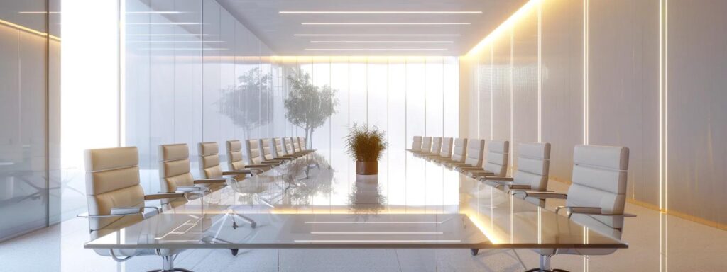 a sleek, modern conference room is set up for a divorce mediation session, featuring a clean glass table surrounded by contemporary chairs, with calming neutral tones and soft overhead lighting to create a professional yet inviting atmosphere.
