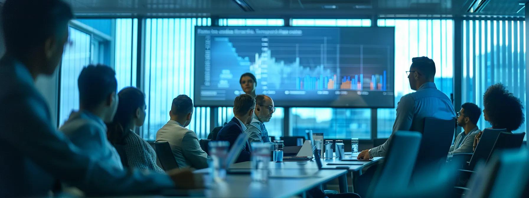a sleek, modern conference room filled with diverse professionals engaged in a dynamic discussion about valuing marital property in texas, illuminated by sharp overhead lighting that highlights strategic charts and bold visuals on a digital screen.