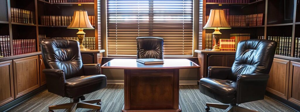 a sleek, modern office consultation room featuring a polished wooden table, two comfortable leather chairs, and a subtle backdrop of law books, emphasizing the serious yet professional atmosphere of a texas divorce attorney discussing fair property division.