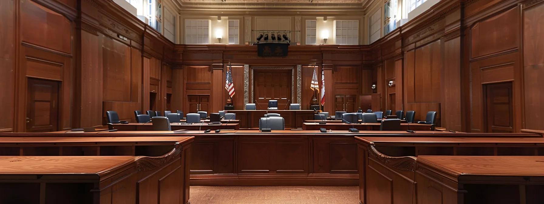 a stark, modern courtroom setting features a large wooden table flanked by legal documents and a scale of justice, symbolizing the complex and structured process of property division in a texas divorce settlement.