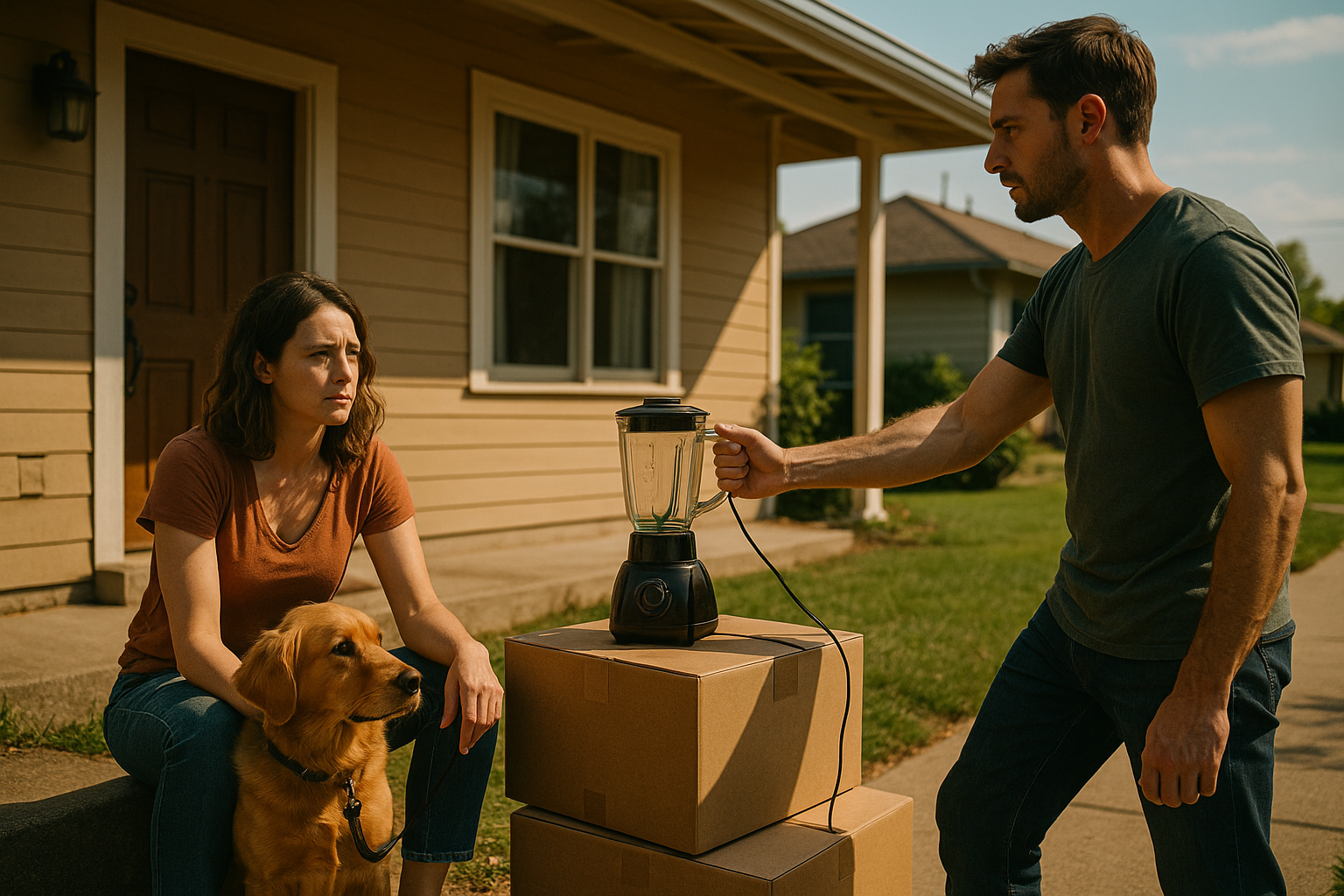 Couple sits tensely outside suburban home during summer, debating who gets the blender after a breakup, dog at woman's side.