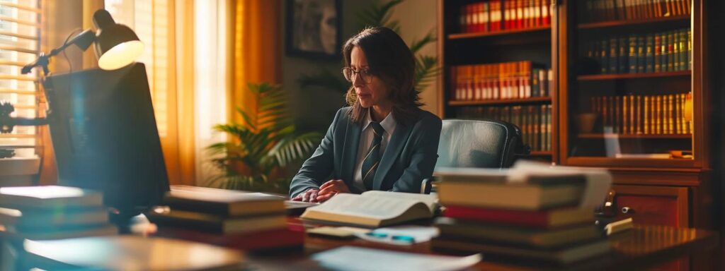 a sharp, professional office setting features a confident divorce attorney at a sleek desk, surrounded by legal books and documents, conveying a sense of authority and expertise in spousal support.