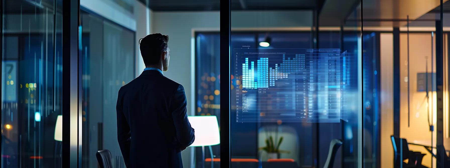 a sleek, modern office space featuring a professional consultant explaining a detailed chart of texas spousal support calculations on a glass screen, illuminated by soft, focused lighting.