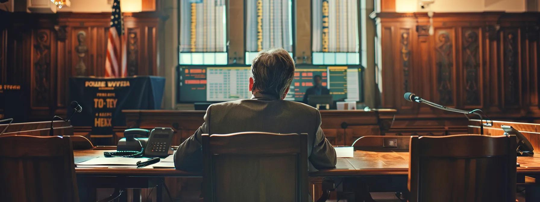 a focused courtroom scene captures a judge thoughtfully assessing a case file with charts and graphs depicting various factors of spousal support calculations, conveying the complexity of legal proceedings in texas. a focused courtroom scene captures a judge thoughtfully assessing a case file with charts and graphs depicting various factors of spousal support calculations, conveying the complexity of legal proceedings in texas.