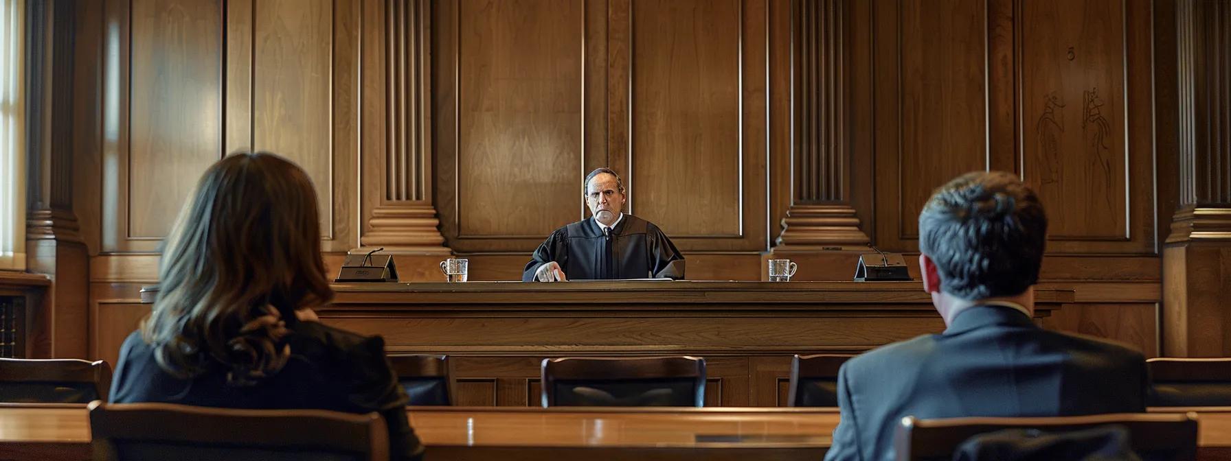a focused courtroom scene reveals a judge presiding over a spousal support enforcement hearing, with a concerned spouse seated at one side, emphasizing the gravity of legal measures such as wage garnishment and contempt proceedings.
