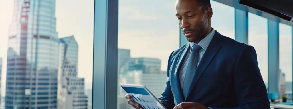 a confident legal consultant in a sleek, modern office navigates a digital tablet, showcasing a dynamic graph illustrating spousal support guidelines in texas against a backdrop of city skyline windows.
