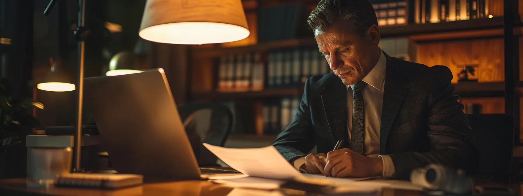 a focused lawyer in a sleek, modern office reviews spousal support documents illuminated by the warm glow of a stylish desk lamp, conveying a sense of determination and professionalism.