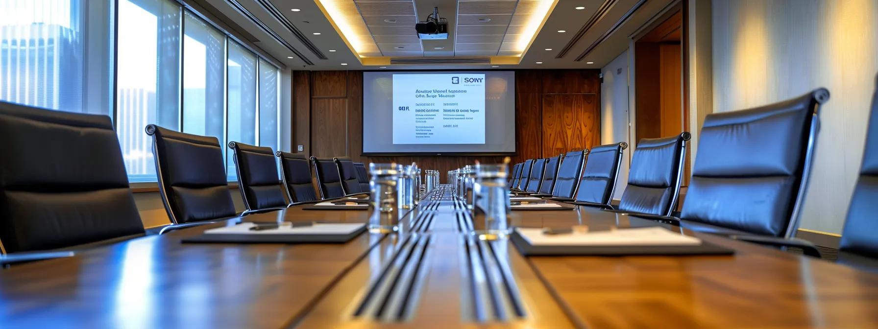 a polished conference room with a modern, sleek table set for a meeting, featuring legal documents and a digital presentation on alimony laws projected onto the wall, illuminated by bright overhead lights.