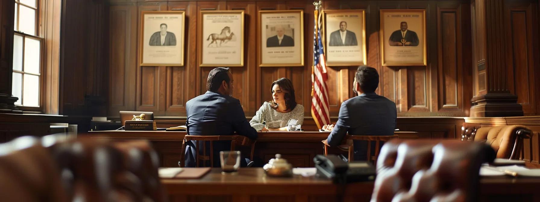 a solemn courtroom setting showcases a thoughtful unmarried couple seated at a table, deep in discussion with a legal advisor, surrounded by framed family law certificates, emphasizing the impactful theme of custody rights in texas.