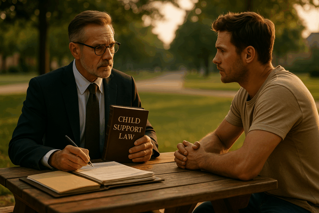 A Texas child support attorney discussing legal matters with a client.