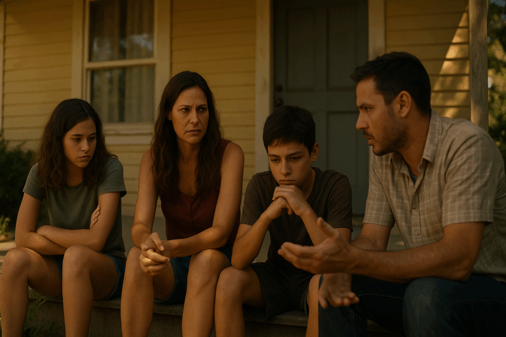 A blurred image of a family discussing matters in a serious tone, indicating the history of abuse or neglect.