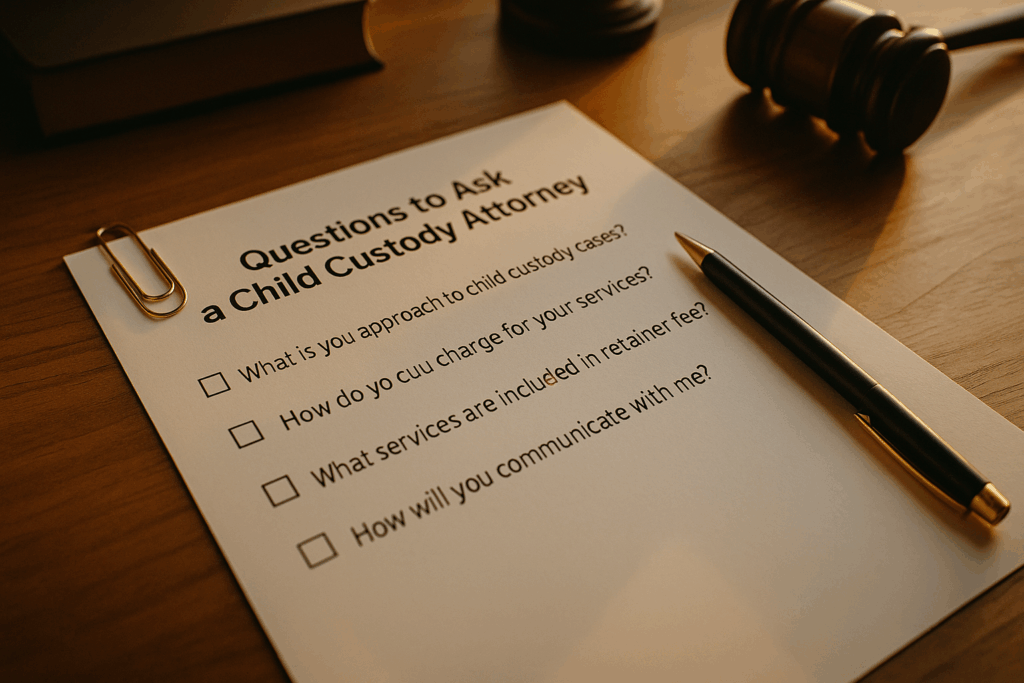 A checklist of important questions to ask a child custody attorney during an initial consultation.