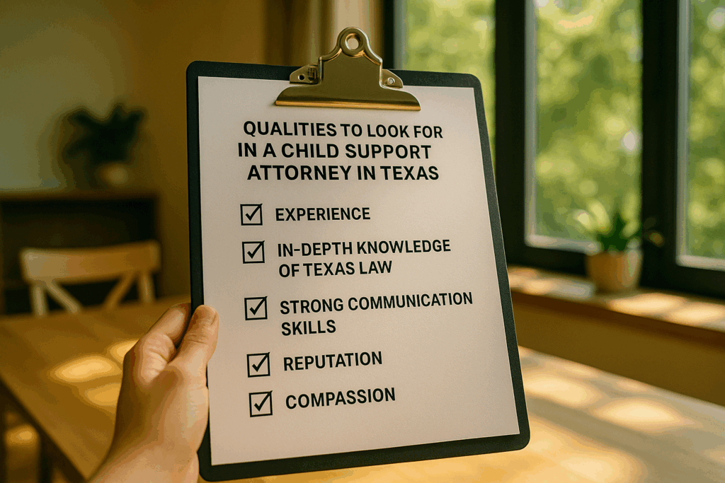 A checklist of qualities to look for in a child support attorney in Texas.