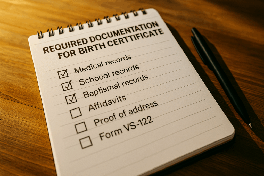 A checklist of required documentation for obtaining a birth certificate.