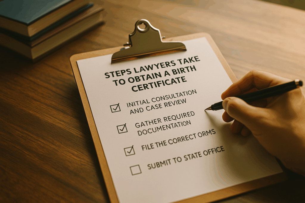 A checklist of steps lawyers take to obtain a birth certificate.