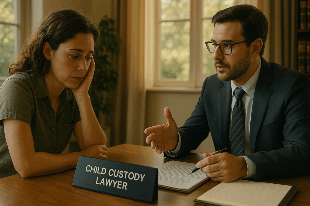 A client consulting with a child custody lawyer to choose the right representation.