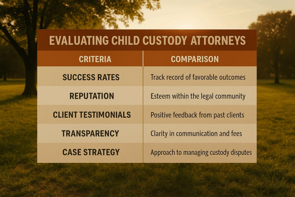 A comparison chart showing the evaluation criteria for child custody attorneys. How Do Success Rates Compare Among Top Child Custody Attorneys in Texas