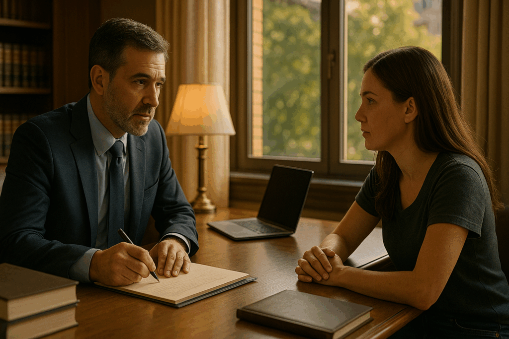 A confidential consultation between a child custody attorney and a client discussing legal options.