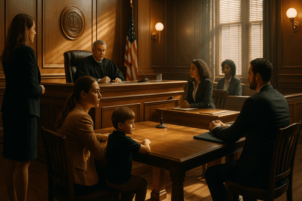 A courtroom scene illustrating a custody case involving domestic violence.