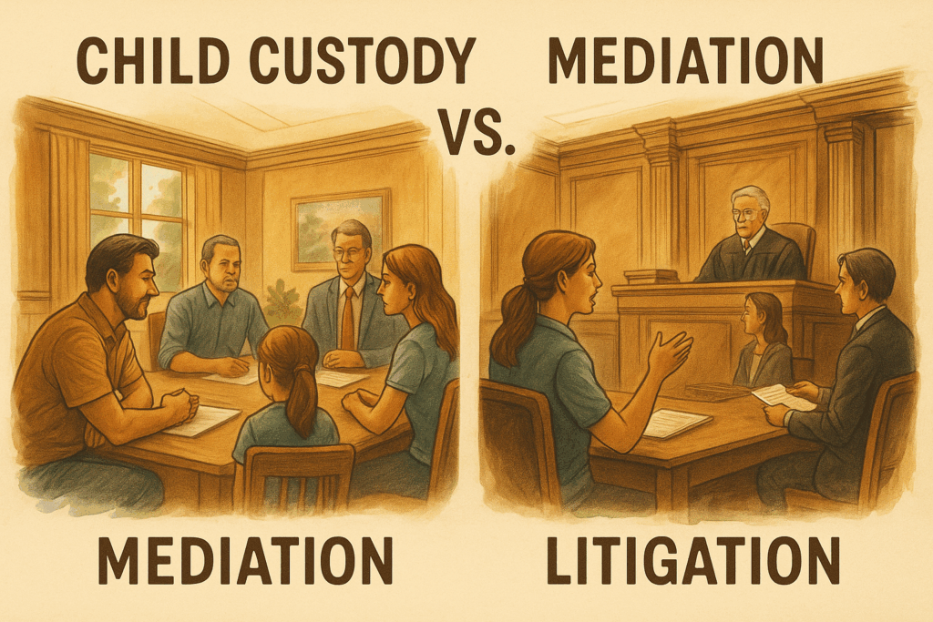 A courtroom scene illustrating child custody litigation, contrasting with mediation processes.