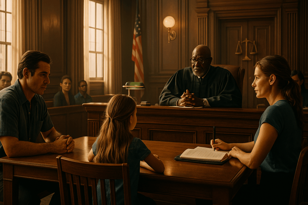 A courtroom scene illustrating child custody litigation, contrasting with mediation processes.